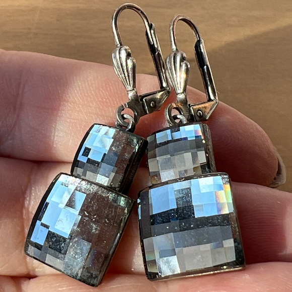 VINTAGE ANNE KOPLIK DESIGN MIRRORED FACETED GLASS DROP DANGLE EARRINGS LEVERBACK - Picture 11 of 16